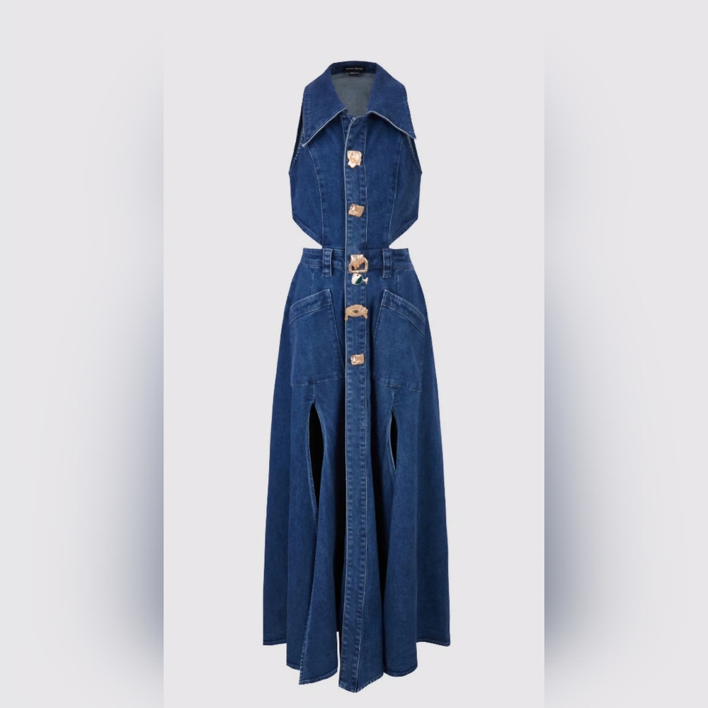 URBAN REVIVO CUT-OUT SLEEVELESS LAPEL DENIM DRESS